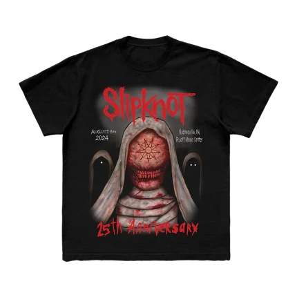 Gear up for Slipknot’s 2024 tour with the exclusive Noblesville t-shirt. This black tee features distinctive Noblesville tour artwork on the front and a striking 25th anniversary tribal S logo on the back. A must-have for fans to celebrate Slipknot's landmark year in style.