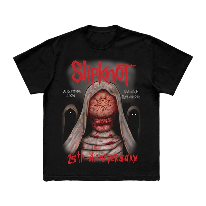 Gear up for Slipknot’s 2024 tour with the exclusive Noblesville t-shirt. This black tee features distinctive Noblesville tour artwork on the front and a striking 25th anniversary tribal S logo on the back. A must-have for fans to celebrate Slipknot's landmark year in style.