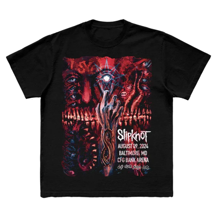 Get the exclusive Slipknot 2024 Baltimore, MD tour t-shirt in black. This limited-edition tee showcases unique city-specific artwork on the front and a striking 25th anniversary tribal S logo on the back. Ideal for fans marking a quarter-century of Slipknot’s legacy. Order now to celebrate in style!