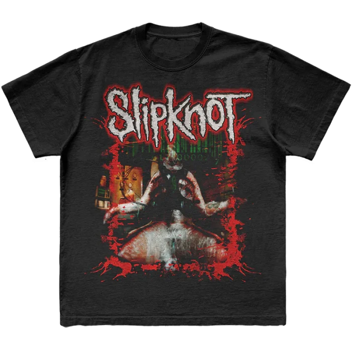 Unleash your bold side with the 'Electric Chair Splatter' Slipknot t-shirt. This black tee features an eye-catching splatter graphic inspired by the electric chair theme on the front and the iconic 25th anniversary tribal S logo on the back. A perfect choice for fans who want to showcase their intense passion for Slipknot. Get yours now!