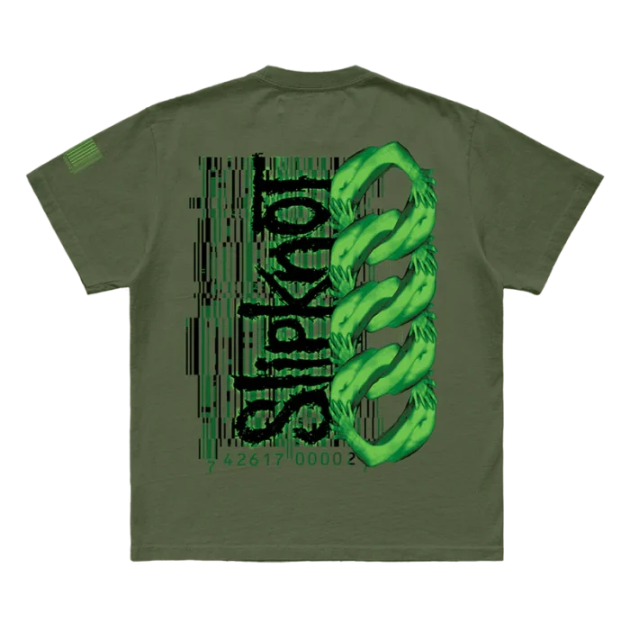 Show your Slipknot pride with the '9 Star' military green t-shirt. Featuring a unique 9-star design on the front and the iconic 25th anniversary tribal S logo on the back, this shirt blends a rugged military look with a tribute to Slipknot's legacy. Perfect for fans who want to stand out and celebrate in style. Order yours today!