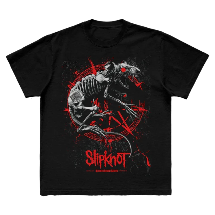 Black t-shirt featuring city specific Slipknot 2024 tour artwork for New York City on front and a 25th anniversary tribal S logo on back