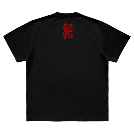 Black t-shirt featuring city specific Slipknot 2024 tour artwork for New York City on front and a 25th anniversary tribal S logo on back