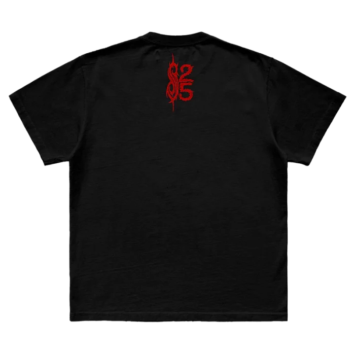 Black t-shirt featuring city specific Slipknot 2024 tour artwork for New York City on front and a 25th anniversary tribal S logo on back