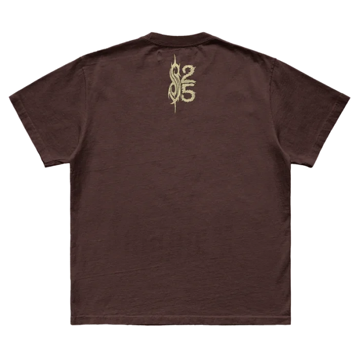 Brown t-shirt featuring city specific Slipknot 2024 tour artwork for Mansfield, MA on front and a 25th anniversary tribal S logo on back