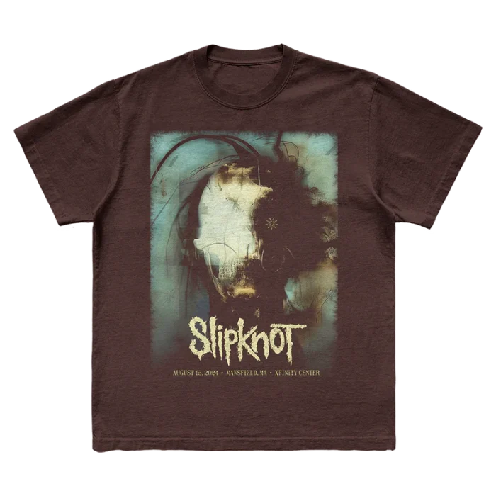 Brown t-shirt featuring city specific Slipknot 2024 tour artwork for Mansfield, MA on front and a 25th anniversary tribal S logo on back