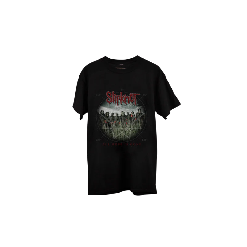 Rock out with the 'All Hope Is Gone' black t-shirt, featuring the classic album art on the front and a distinctive logo with a 9-point star on the back. Perfect for fans who want to celebrate Slipknot’s iconic album and showcase their dedication in style. Get your exclusive tee now and stand out!
