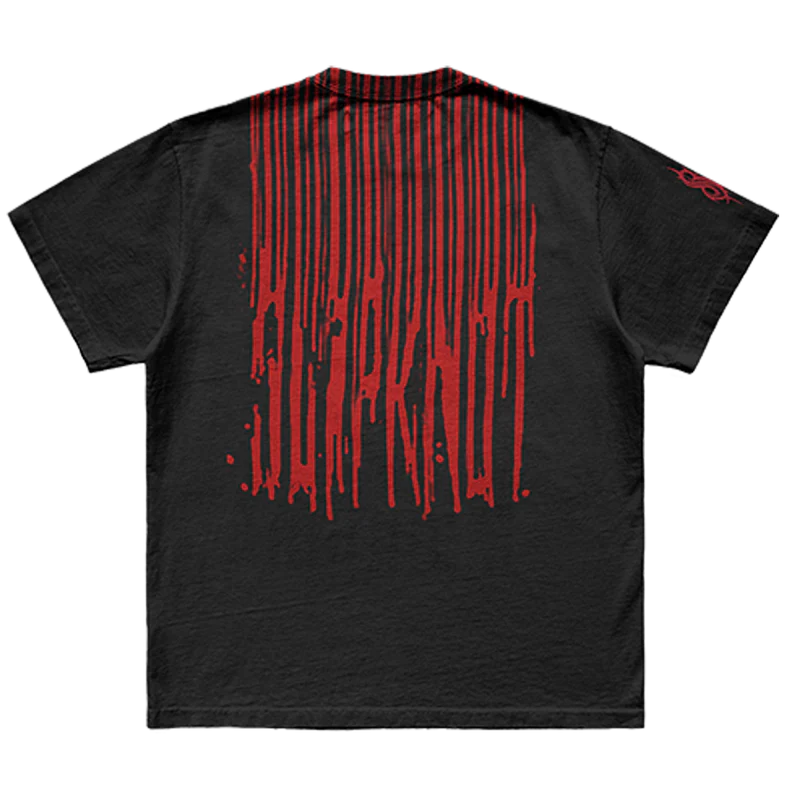 Black t-shirt with jumbo print featuring 'Slipknot' album artwork and barcode number on front, barcode and Slipknot logo graphic on back and a 25th anniversary logo on right sleeve